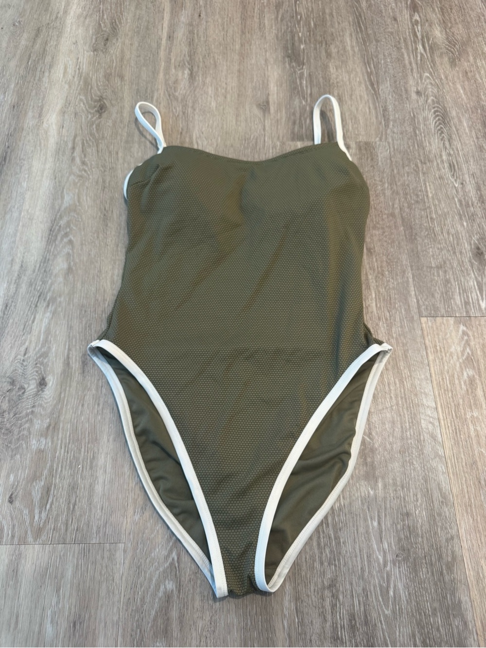 Shade & Shore olive green textured one-piece swimsuit w/ white contrast binding